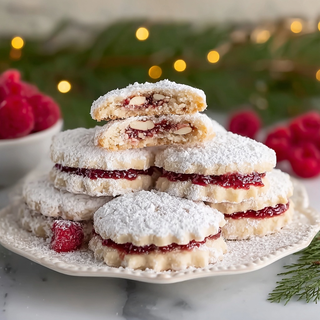 Raspberry-Filled Almond Snow Cookies – Festive Treat Recipe - Recipe Image