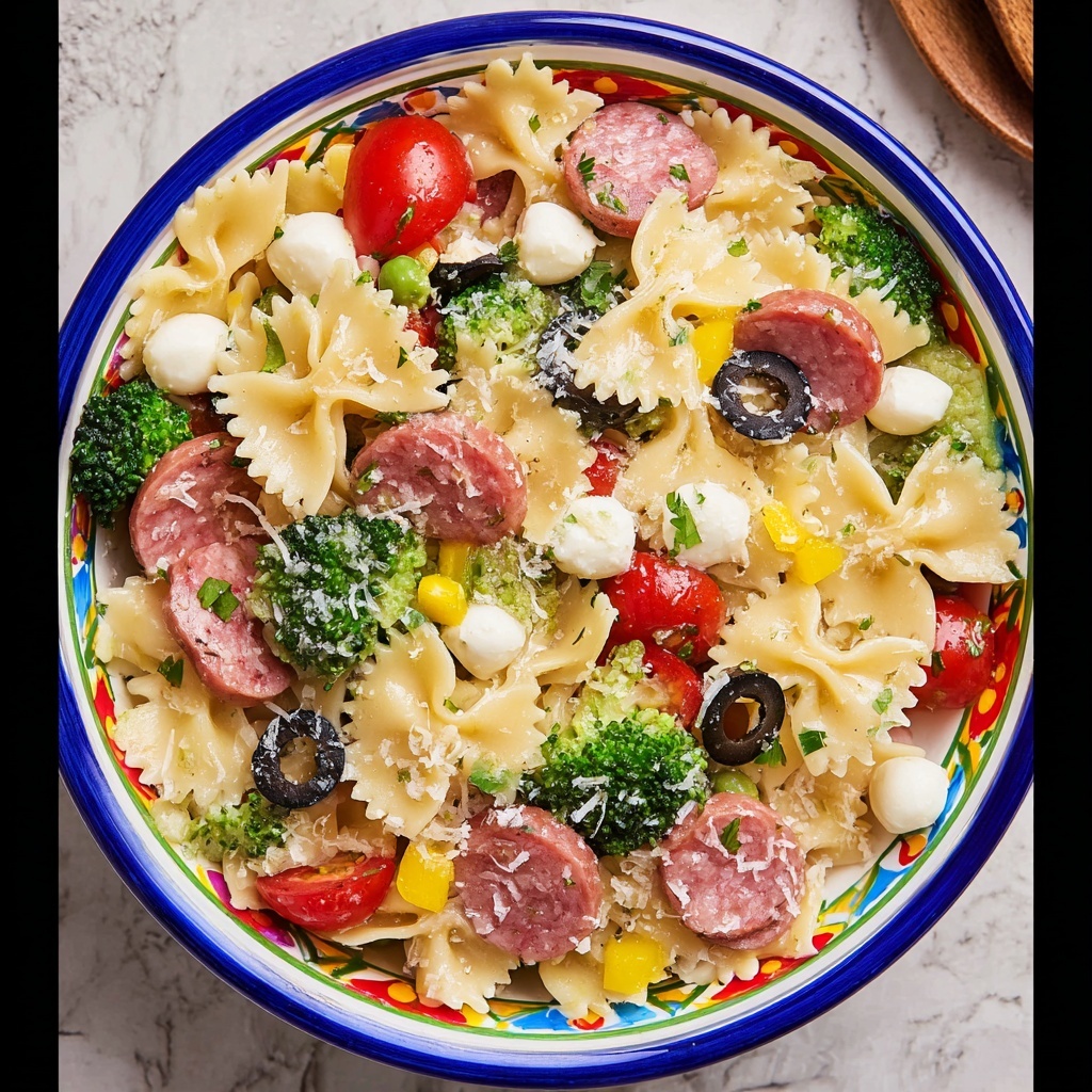 Bow Tie Pasta Salad with Italian Dressing, Cherry Tomatoes, Mozzarella, and Salami Recipe - Recipe Image