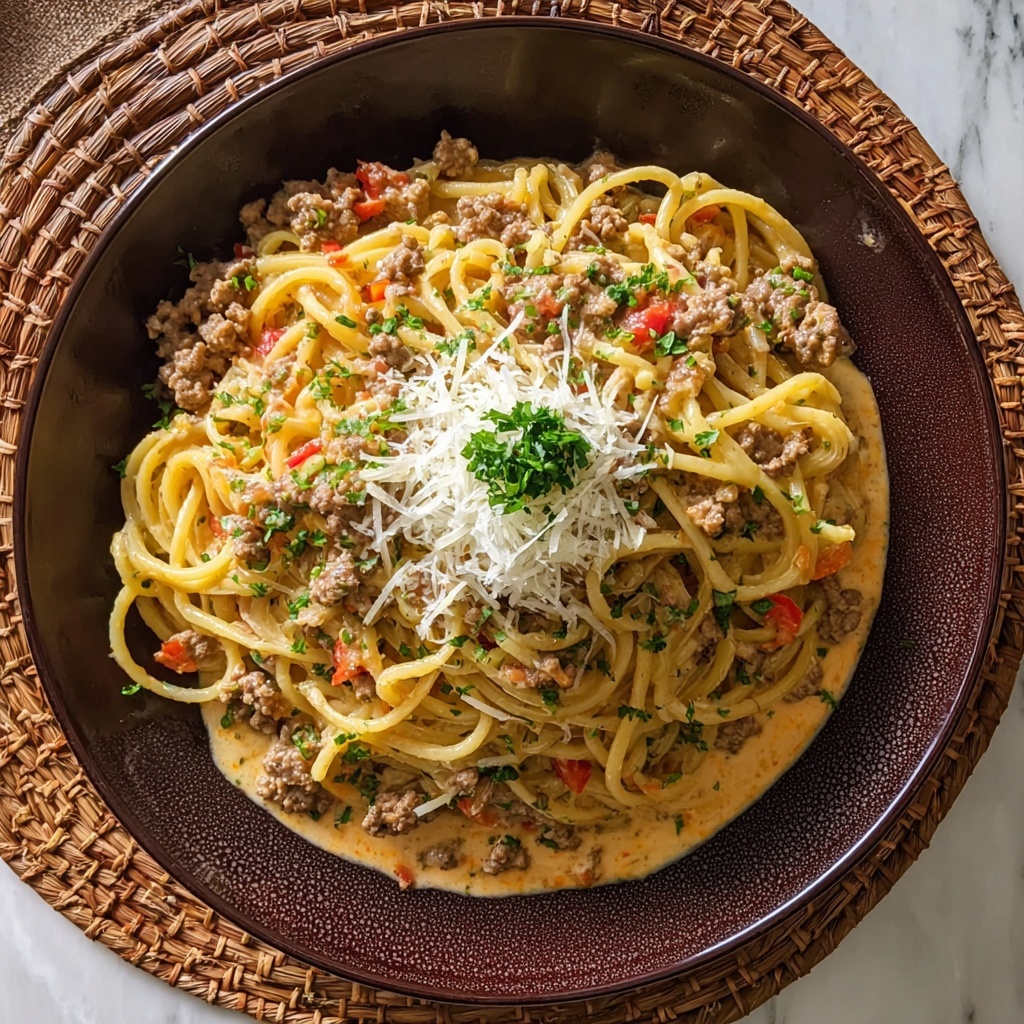 Beef Spaghetti in Creamy Three-Cheese Parmesan Sauce Recipe - Recipe Image