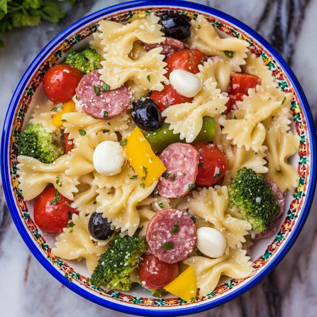 Bow Tie Pasta Salad with Italian Dressing, Cherry Tomatoes, Mozzarella, and Salami Recipe - Recipe Image